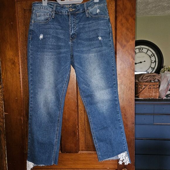 Copperflash Womens Jeans Size 10 Murray Straight Cut-Off Crops Lace Hem Blue - Picture 1 of 11